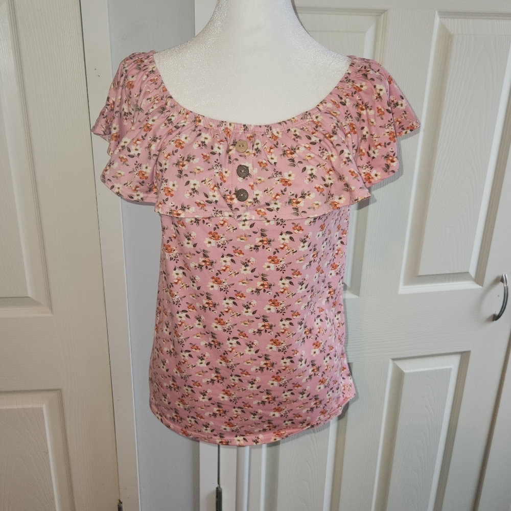 Women's Short Sleeve Top, Pink Floral, Size Large